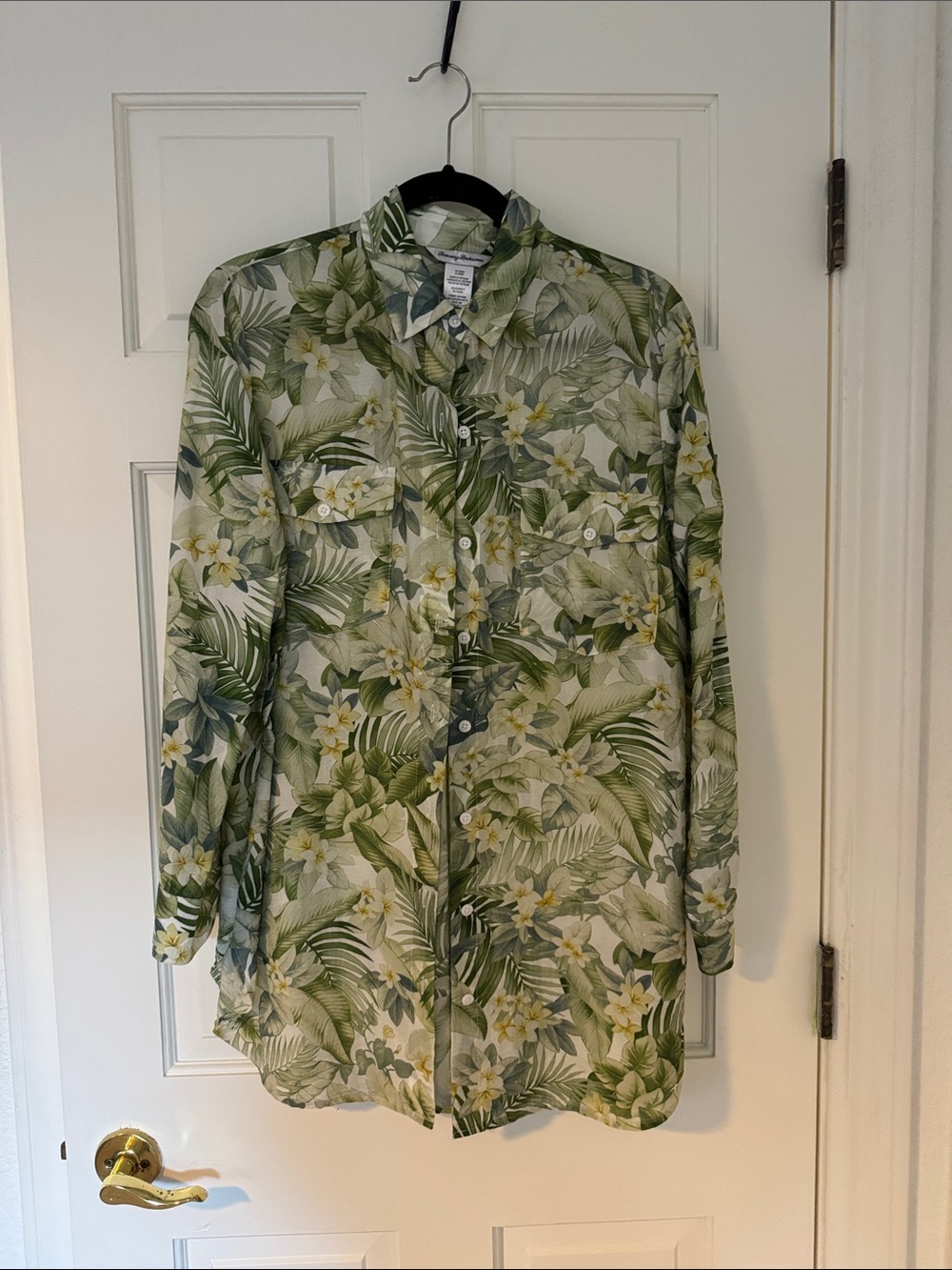 Tommy Bahama Green and Yellow Tropical Leaf Button-Down Blouse